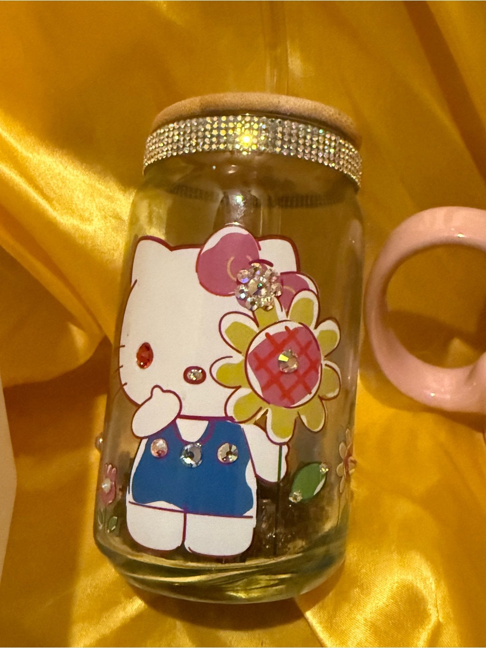 Hello Kitty Glass Jar/cup with Rhinestone accents! NEW!